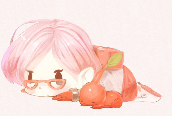 1girl b_spa_gyoreva backpack bad_id bad_pixiv_id bag black_eyes blush brittany_(pikmin) closed_eyes colored_skin eyelashes glasses leaf loose_hair_strand lying miniskirt no_headwear no_mouth on_stomach pikmin_(creature) pikmin_(series) pink_bag pink_hair pink_skirt pointy_nose red-framed_eyewear red_pikmin red_skin short_hair skirt solid_oval_eyes spacesuit third-party_source triangular_eyewear white_background