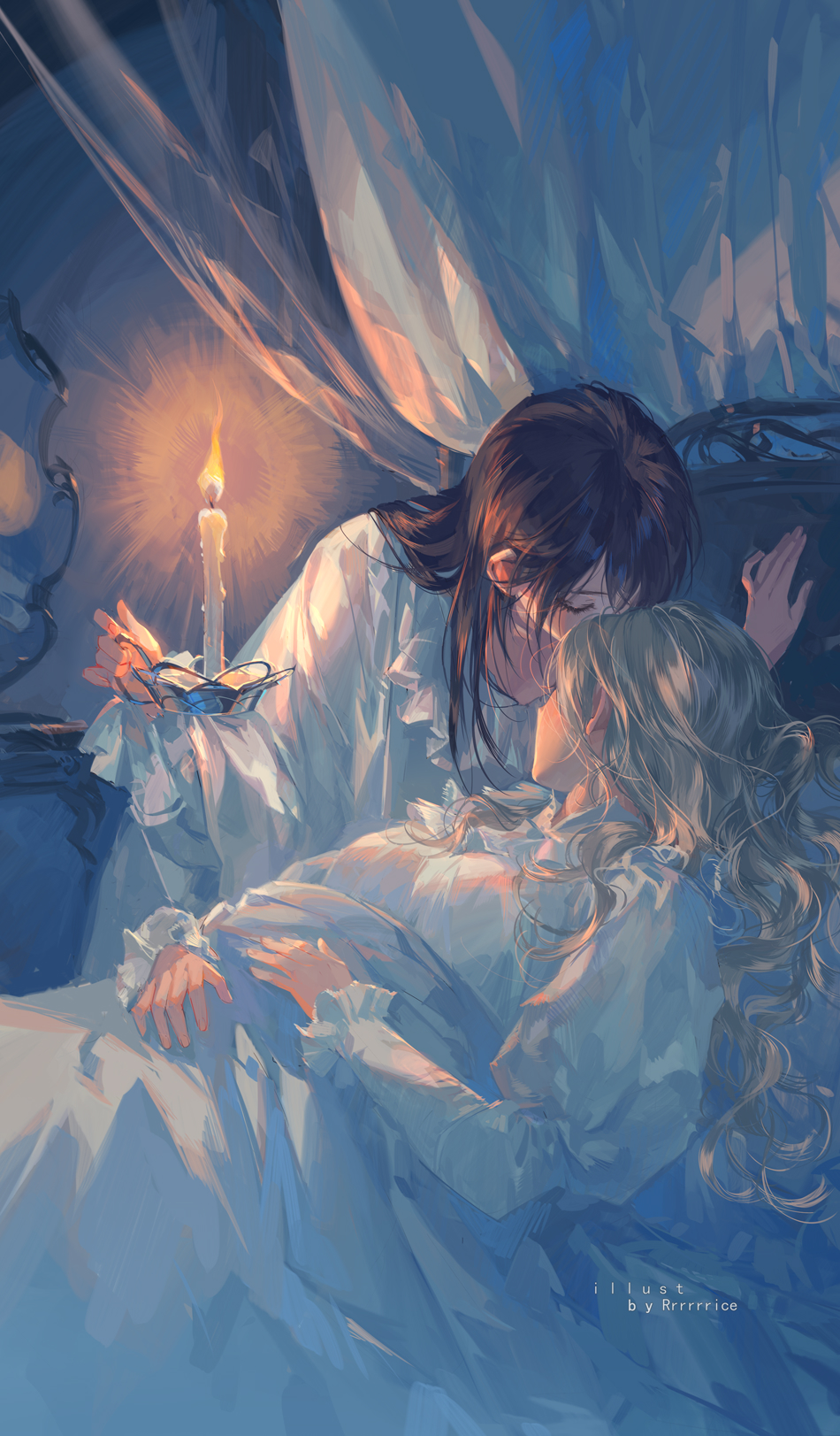 2girls artist_name bed brown_hair candle candlestand closed_eyes curtains fire green_hair highres holding holding_candle indoors long_hair long_sleeves lying multiple_girls nightgown original rrr_(reason) single_flame under_covers white_nightgown yuri