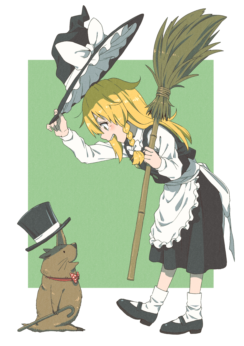 1girl :d apron black_footwear black_headwear black_skirt black_vest blonde_hair blush bow bowtie broom cane commentary full_body green_background hair_bow hat hat_bow hat_tip highres holding holding_broom holding_cane holding_clothes holding_hat inuno_rakugaki kirisame_marisa long_hair long_sleeves mary_janes otter red_bow red_bowtie shirt shoes skirt smile socks teeth top_hat touhou two-tone_background upper_teeth_only vest waist_apron white_apron white_background white_bow white_shirt white_socks witch_hat yellow_eyes