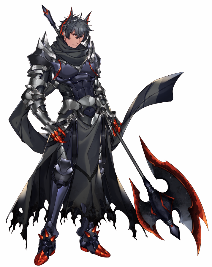 1boy alternate_color armor axe battle_axe black_hair black_horns black_scarf closed_mouth crossed_bangs dark-skinned_male dark_skin frown gauntlets greaves hair_between_eyes haxorus holding holding_axe horns katagiri_hachigou left-handed legs_apart male_focus multicolored_horns personification pokemon red_eyes red_horns scarf shiny_pokemon short_hair shoulder_armor simple_background solo spikes standing torn_clothes two-tone_horns waist_cape weapon white_background