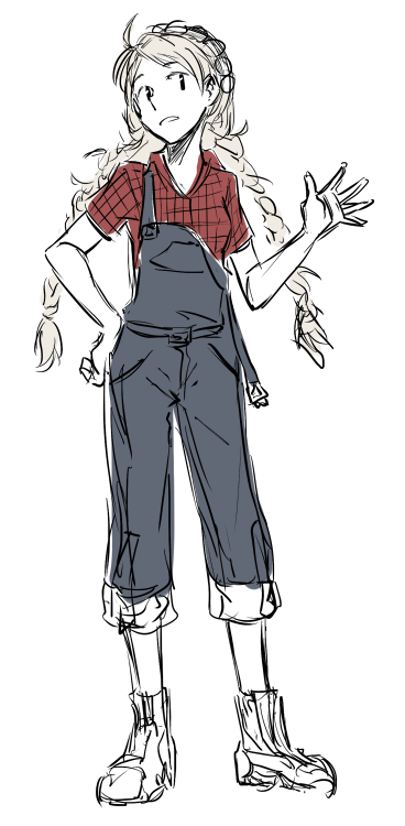 1girl ahoge alternate_costume arm_up braid collared_shirt dlanon fire_emblem fire_emblem_fates hand_on_own_hip long_hair looking_at_viewer low_twin_braids nina_(fire_emblem) overalls parted_bangs plaid plaid_shirt shirt solo twin_braids