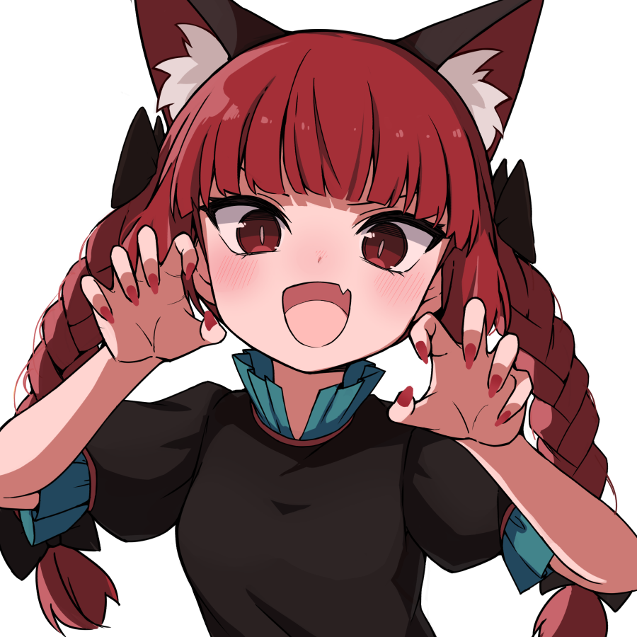 1girl :d aki_inu animal_ear_fluff animal_ears black_bow black_dress blush bow braid cat_ears claw_pose dress extra_ears fang hair_bow kaenbyou_rin long_hair looking_at_viewer open_mouth red_eyes red_nails redhead short_sleeves simple_background skin_fang slit_pupils smile solo touhou twin_braids upper_body white_background