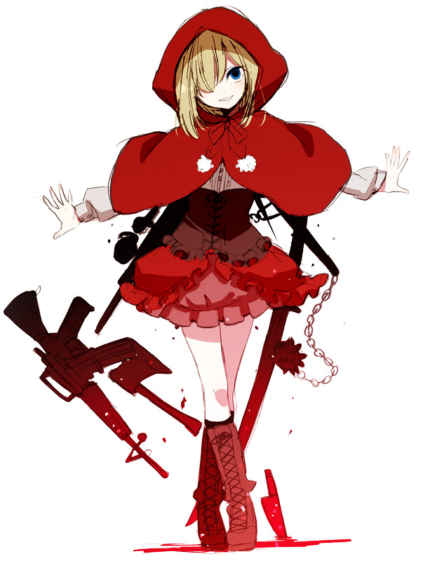 blonde_hair blue_eyes boots capelet grimm's_fairy_tales gun hair_over_one_eye knife little_red_riding_hood little_red_riding_hood_(grimm) morning_star musco original rifle skirt solo weapon