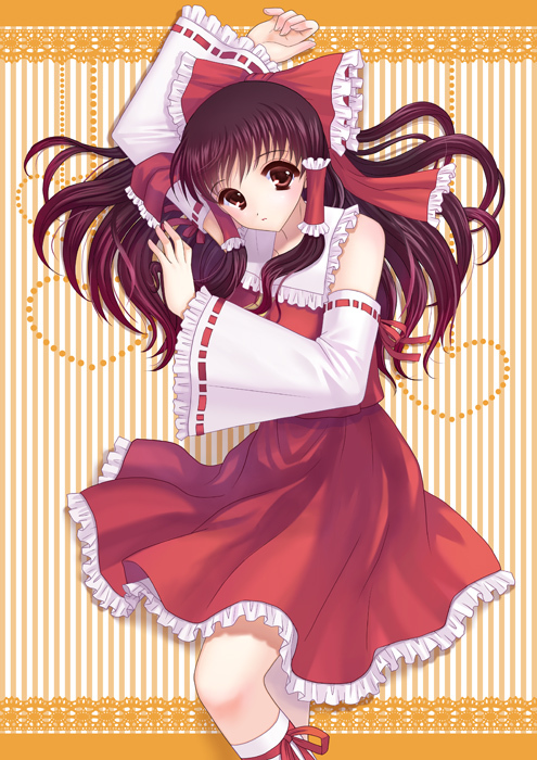 alha arm_up bare_shoulders bow brown_hair detached_sleeves hair_bow hakurei_reimu hands long_hair looking_at_viewer red_eyes solo striped striped_background touhou