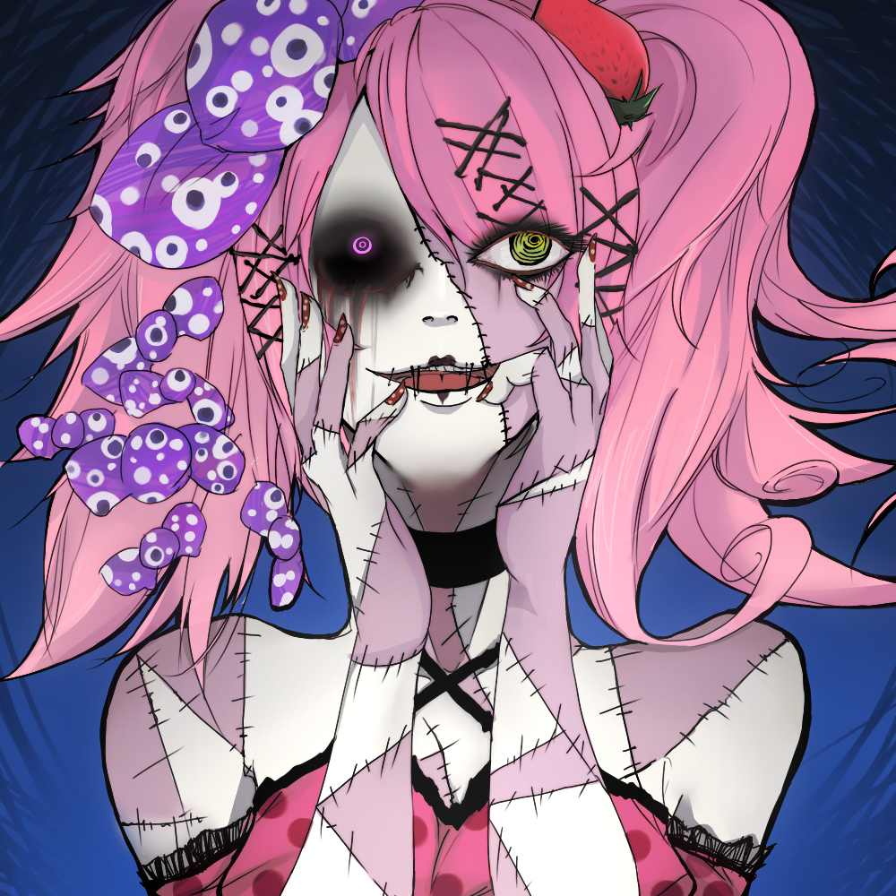 al_bhed_eyes bare_shoulders black_sclera bleeding blood candy candy_addict_full_course_(vocaloid) choker dot_nails hair_ornament hairclip hands_on_face hatsune_miku heterochromia imuri_polka nail_polish open_mouth pink_eyes pink_hair simensoka stitches strawberry twintails vocaloid yellow_eyes