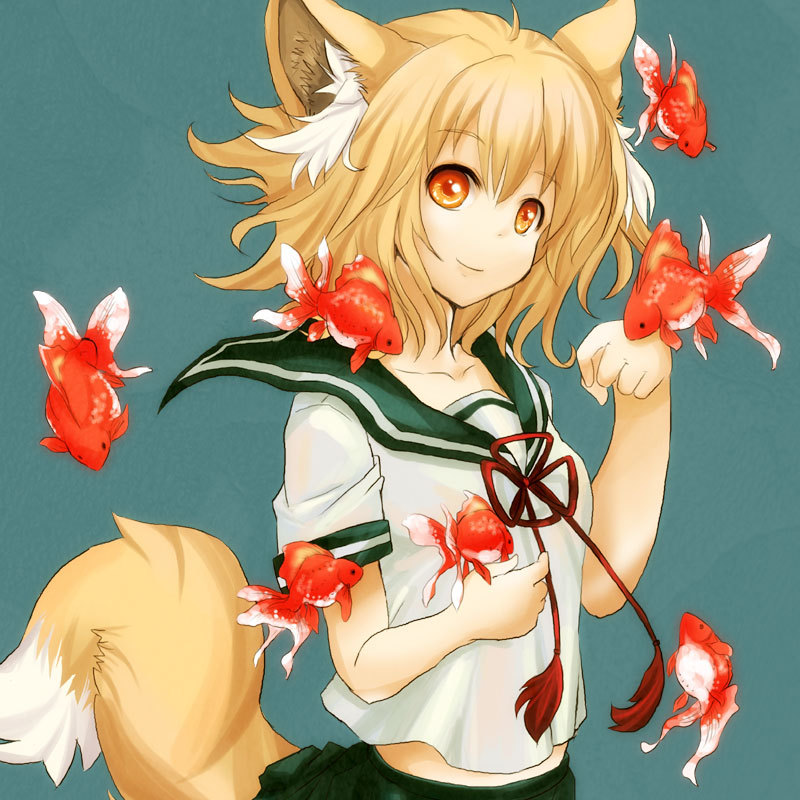 blonde_hair brown_eyes fish fox_ears fuwayu goldfish hands original school_uniform serafuku short_hair smile tail