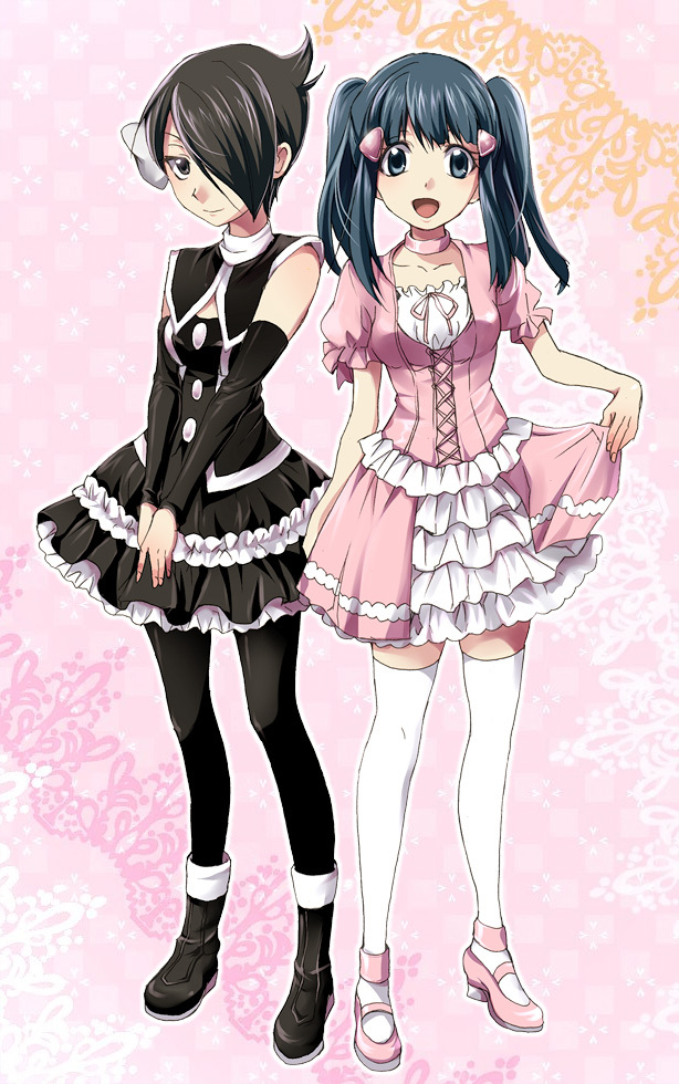 black_eyes black_hair black_legwear black_pantyhose blue_eyes blue_hair choker gothic_lolita hair_over_one_eye hakka2 hikari_(pokemon) hirococo lolita_fashion mai_(pokemon) multiple_girls nintendo open_mouth pantyhose pokemon pokemon_(game) pokemon_dppt smile sweet_lolita thigh-highs thighhighs twintails white_legwear white_thighhighs zettai_ryouiki