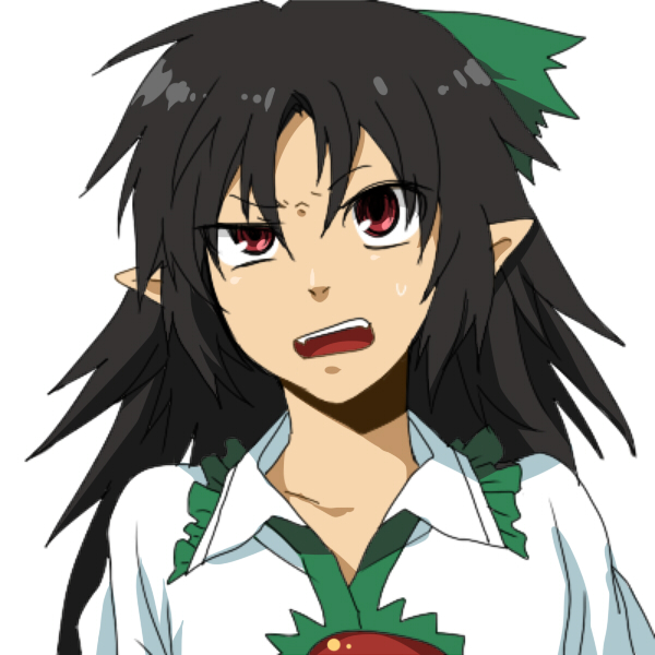 black_hair bust confused face open_mouth pointy_ears raised_eyebrow red_eyes reiuji_utsuho rex_k simple_background solo sweatdrop touhou uneven_eyes upscaled