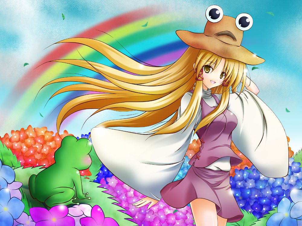 blonde_hair blush breasts facial_hair flower frog hand_in_hair hydrangea long_hair moriya_suwako mustache pyonta rainbow shin_osada smile solo touhou wide_sleeves yellow_eyes