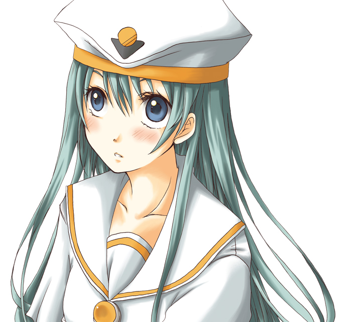 aria beret blue_eyes blush breasts female green_hair hat long_hair solo uniform yuuna_katsumi