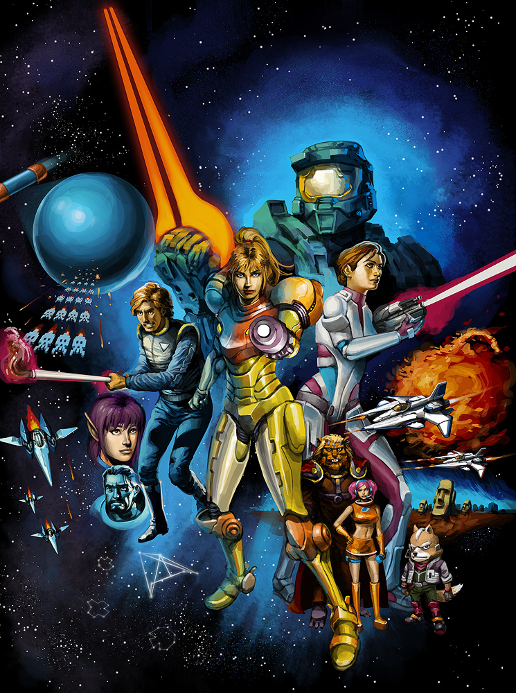 arm_cannon arwing asteroids_(game) centipede_(game) commander_shepard commander_shepard_(female) cover cover_page crossover energy_gun fox_mccloud furry gradius gun halo_(game) jim_raynor jnkboy junkboy kilrathi laser magazine_cover mass_effect master_chief metroid moai nei parody phantasy_star phantasy_star_ii roger_wilco samus_aran science_fiction space space_channel_5 space_craft space_invaders space_quest star_fox star_wars starcraft starfighter ulala vic_viper weapon wing_commander
