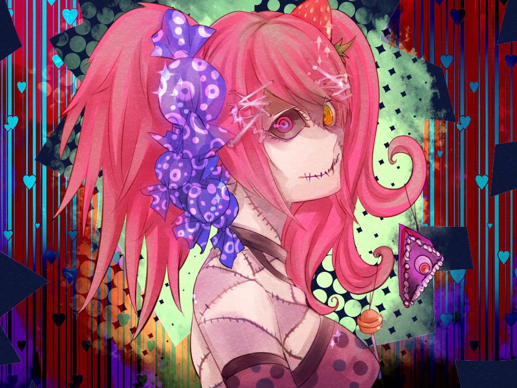al_bhed_eyes bare_shoulders black_sclera cake candy candy_addict_full_course_(vocaloid) choker colorful food food_themed_clothes fruit hair_ornament hatsune_miku heart heterochromia lollipop pink_eyes pink_hair polka_dot ringed_eyes shiba_roken solo stitches strawberry striped tsuneaki_(dosnan) twintails vocaloid yellow_eyes