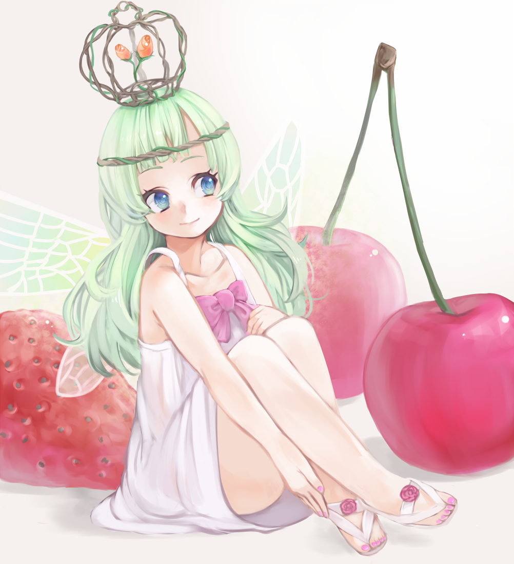 cherry crown dress fairy fairy_wings food fruit green_hair in_food long_hair mamepon minigirl nail_polish original sandals sitting solo strawberry wings
