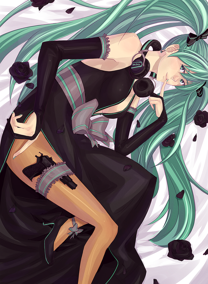 aqua_eyes aqua_hair black_dress bridal_gauntlets cocked_hammer dress elbow_gloves fingerless_gloves gloves gun handgun hatsune_miku headphones headphones_around_neck high_heels long_hair pancake_(artist) pantyhose pistol revolver shoes smile solo spy thigh_strap twintails very_long_hair vocaloid weapon