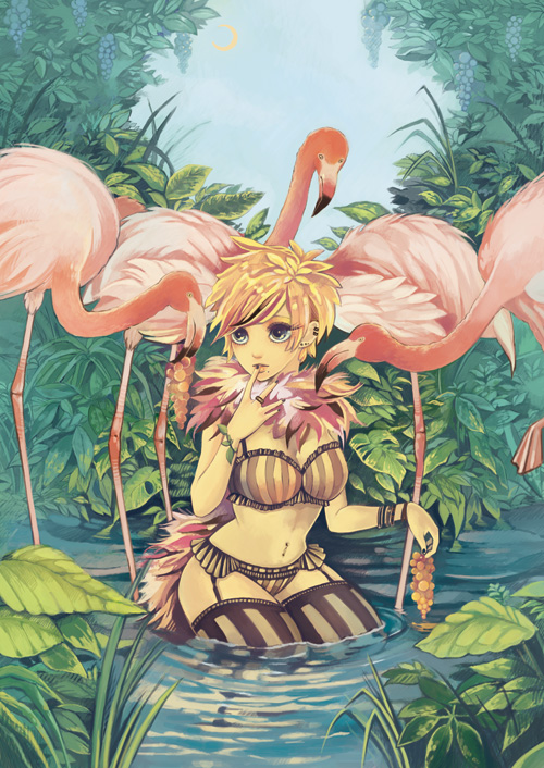 blonde_hair blue_eyes boa bracelet earrings feather_boa flamingo food fruit garter_belt grapes jewelry kneeling leaf lingerie mole nature okisene original plant ring short_hair solo striped striped_legwear striped_thighhighs submerged thigh-highs thighhighs underwear vertical-striped_legwear vertical_stripes water