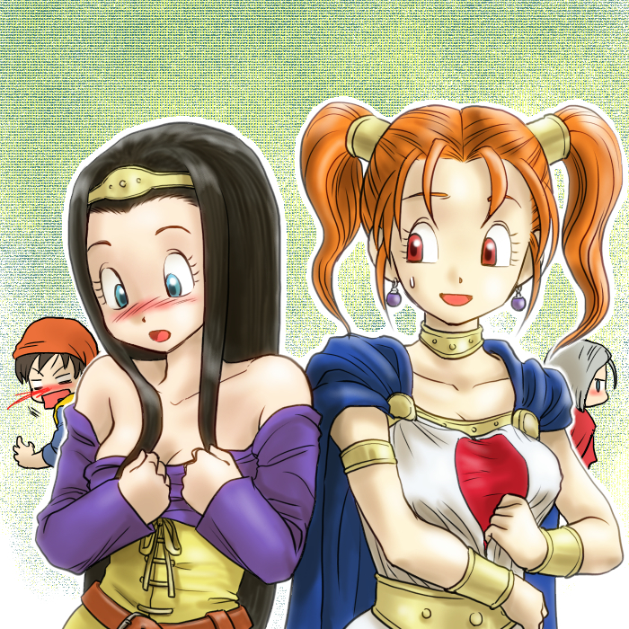 black_hair blood blue_eyes blush bracelet breasts cape chinyan circlet cleavage cosplay costume_switch dragon_quest dragon_quest_viii dress earrings hero_(dq8) jessica_albert jessica_albert_(cosplay) jewelry long_hair medea medea_(cosplay) nosebleed open_mouth red_eyes red_hair redhead strapless_dress sweatdrop twintails
