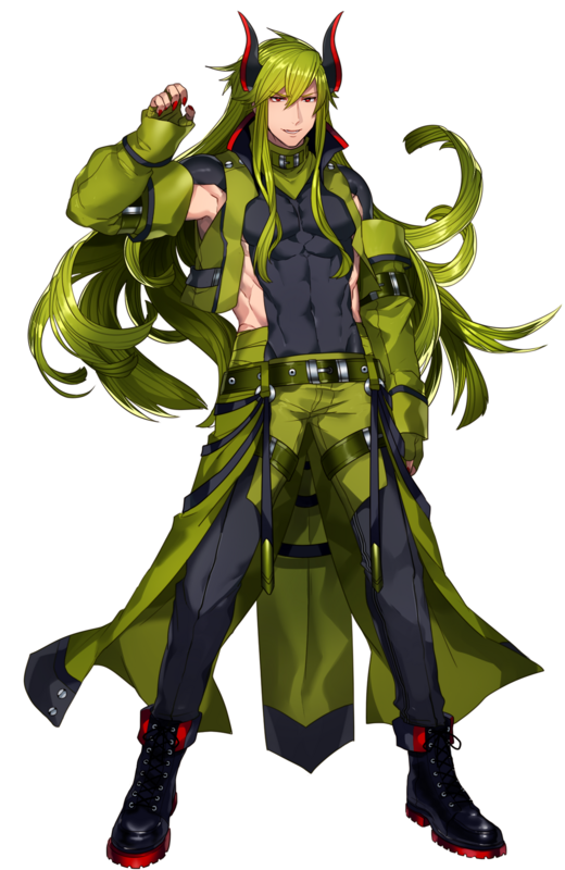 1boy arm_at_side belt black_footwear boots clothing_cutout covered_navel cross-laced_footwear fingernails green_belt green_hair green_vest haxorus horns katagiri_hachigou lace-up_boots long_hair male_focus nail_polish open_clothes open_vest personification pokemon red_eyes red_nails side_cutout simple_background smile solo standing v-shaped_eyebrows vest white_background