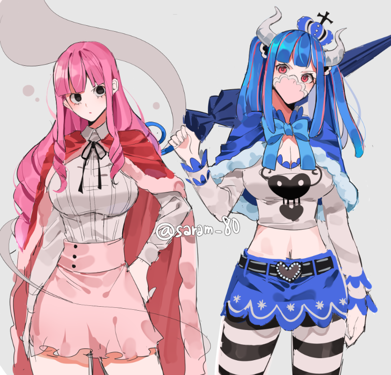 2girls belt black_bow black_eyes blue_bow blue_capelet blue_hair blue_skirt blunt_bangs bow cape capelet commentary commentary_request cowboy_shot crop_top crown drill_hair drill_sidelocks eyelashes grey_background hand_on_own_hip high-waist_skirt holding horns joman korean_commentary long_hair long_sleeves looking_at_another mask mini_crown mouth_mask multiple_girls one_piece perona pink_hair pink_skirt red_cape shirt shirt_tucked_in sidelocks simple_background skirt standing striped striped_thighhighs thigh-highs twintails ulti_(one_piece) umbrella white_shirt