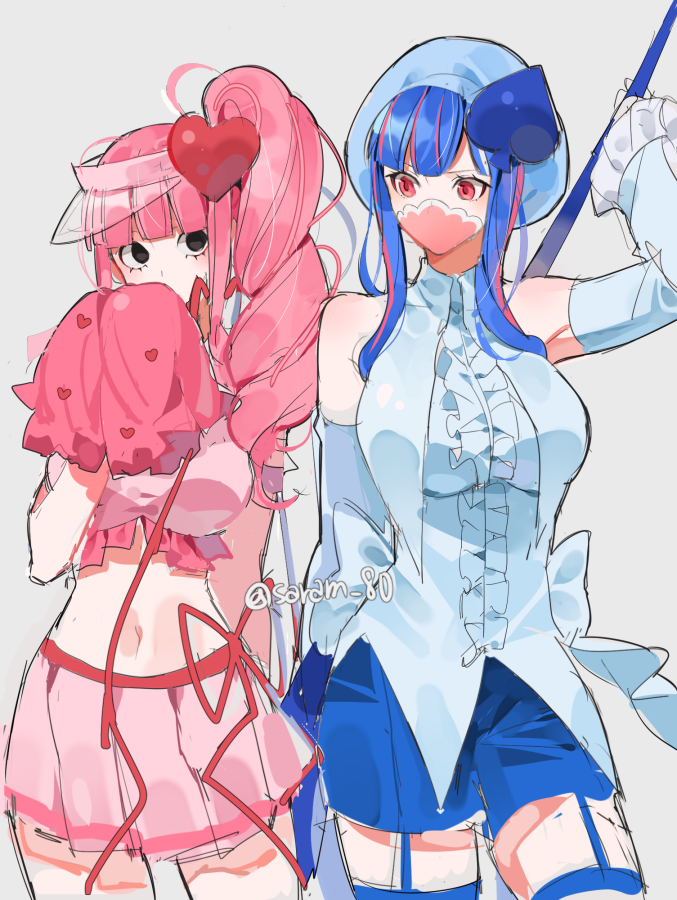 2girls amulet_heart amulet_spade bad_id bad_twitter_id bare_shoulders black_eyes blue_hair blue_shirt blue_shorts blunt_bangs commentary commentary_request detached_sleeves drill_hair eyelashes frilled_shirt frills grey_background hat heart holding holding_pom_poms joman korean_commentary long_hair looking_at_another mask miniskirt multicolored_hair multiple_girls one_piece perona pink_eyes pink_hair pink_skirt pink_top pom_pom_(cheerleading) red_ribbon ribbon shirt shorts shugo_chara! side_drill side_ponytail sidelocks simple_background skirt spade_(shape) stomach thigh-highs two-tone_hair ulti_(one_piece) visor_cap