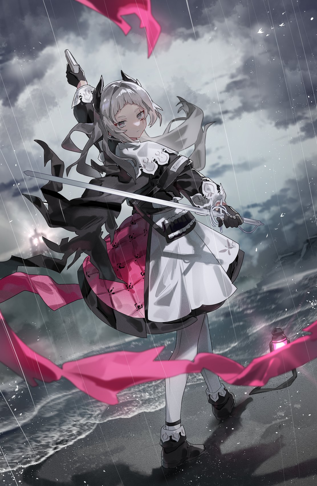 1girl arknights arm_up beach black_footwear black_shirt cape clouds commentary contrapposto english_commentary feather_hair from_behind full_body grape_(pixiv27523889) grey_eyes grey_hair grey_sky gun highres holding holding_gun holding_sword holding_weapon irene_(arknights) lantern lighthouse long_hair long_sleeves looking_at_viewer looking_back ocean pantyhose pink_skirt rain rapier scar scar_across_eye shadow shirt skirt sky solo sword torn_cape torn_clothes weapon white_pantyhose white_skirt