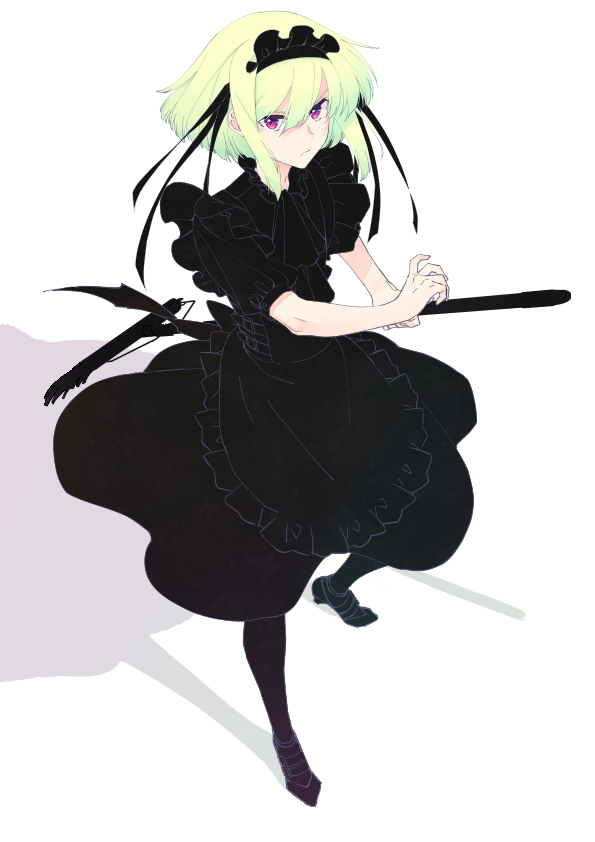1boy alternate_costume apron black_apron black_dress black_footwear black_pantyhose black_ribbon closed_mouth crossdressing dress frills from_above full_body gothic green_hair holding holding_mop lio_fotia looking_at_viewer maid maid_apron maid_headdress male_focus mop otoko_no_ko pantyhose promare puffy_short_sleeves puffy_sleeves ribbon shadow short_hair short_sleeves sidelocks simple_background solo violet_eyes white_background yon_prmr