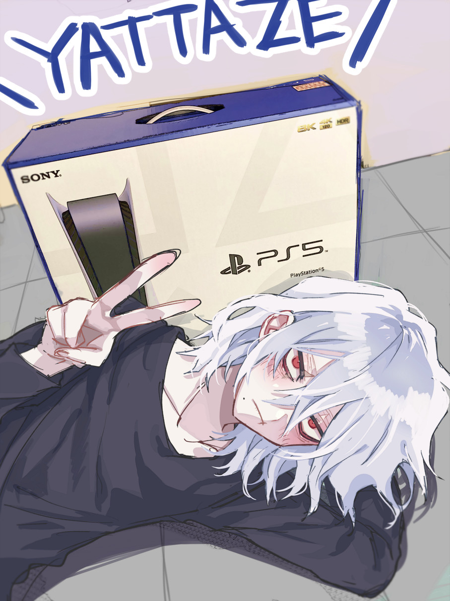1boy anoko_(darenokoanoko) boku_no_hero_academia game_console hand_up highres looking_at_viewer lying male_focus medium_hair mole mole_under_mouth on_side playstation_5 red_eyes scar scar_on_face shigaraki_tomura solo v white_hair wrinkled_skin