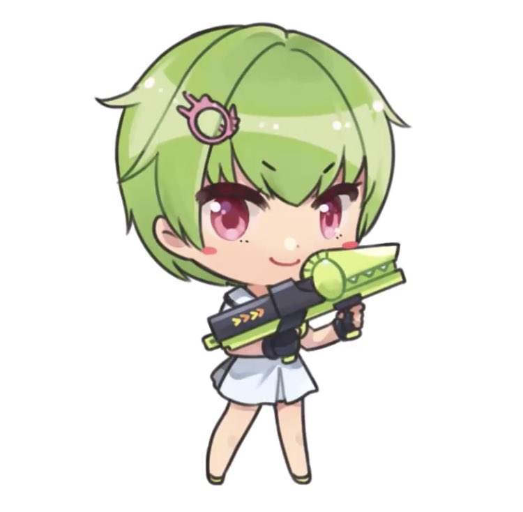 &gt;:) 1girl blush_stickers chibi closed_mouth commentary_request crocodile_hair_ornament green_hair hair_between_eyes holding holding_water_gun looking_at_viewer may_salamanya miniskirt nomura_miki pink_eyes school_uniform short_hair simple_background skirt smile smug solo standing summer_pockets v-shaped_eyebrows water_gun white_background white_skirt