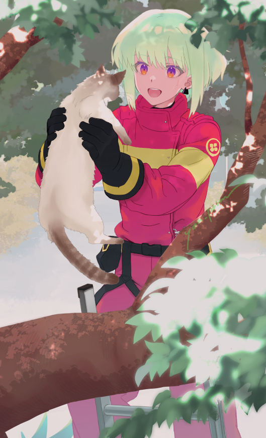 1boy :d animal baggy_pants belt black_belt black_gloves cat colored_eyelashes earrings feet_out_of_frame firefighter firefighter_jacket gloves green_hair happy holding holding_animal holding_cat in_tree jacket jewelry ladder lio_fotia male_focus on_ladder otoko_no_ko pants promare red_jacket red_pants short_hair sidelocks smile solo sweatdrop tree triangle_earrings violet_eyes yon_prmr