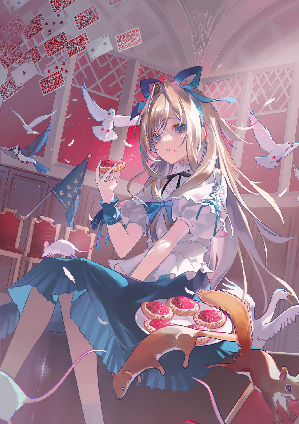 1girl alice_(alice_in_wonderland) alice_in_wonderland bird blonde_hair blue_bow blue_eyes blue_hairband blue_jay blue_skirt bow card chair eating food fruit_tart hairband highres holding holding_food mouse plate playing_card puffy_sleeves skirt solo squirrel swan tart_(food) wakuseiy white_bird wrist_cuffs