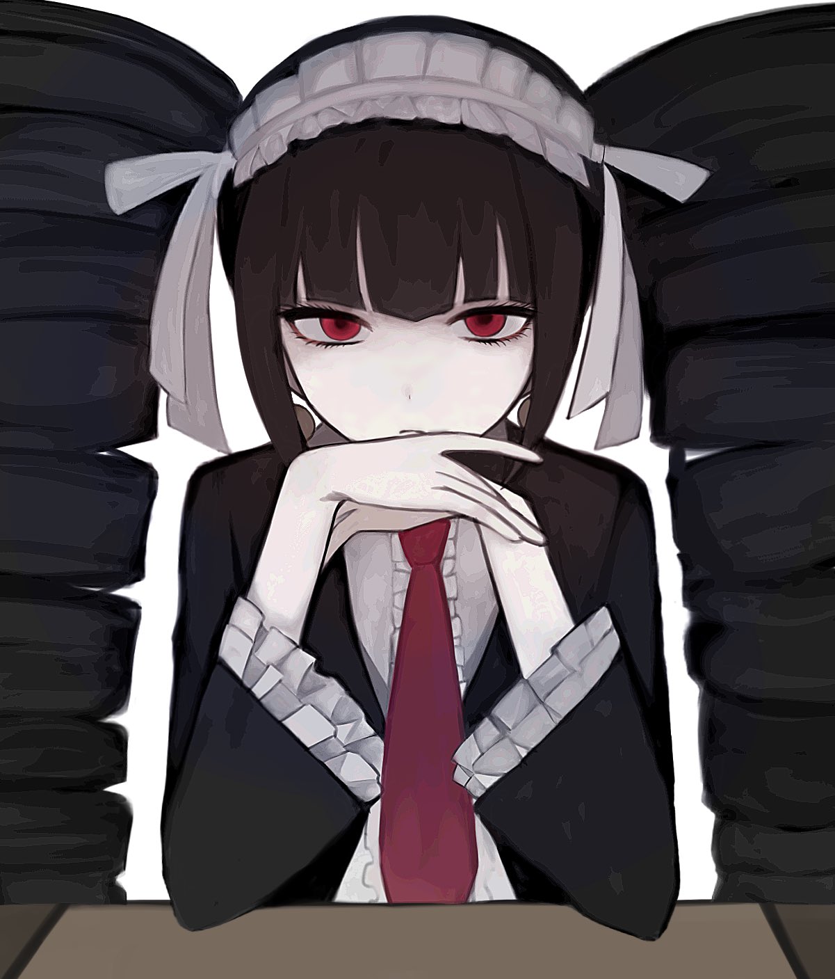 1girl anjeu_(uuci925) black_jacket brown_hair celestia_ludenberg center_frills danganronpa:_trigger_happy_havoc danganronpa_(series) drill_hair frilled_jacket frills frown gothic_lolita hands_up headdress highres jacket lolita_fashion long_sleeves necktie own_hands_together red_eyes red_necktie simple_background solo twin_drills twintails upper_body white_background