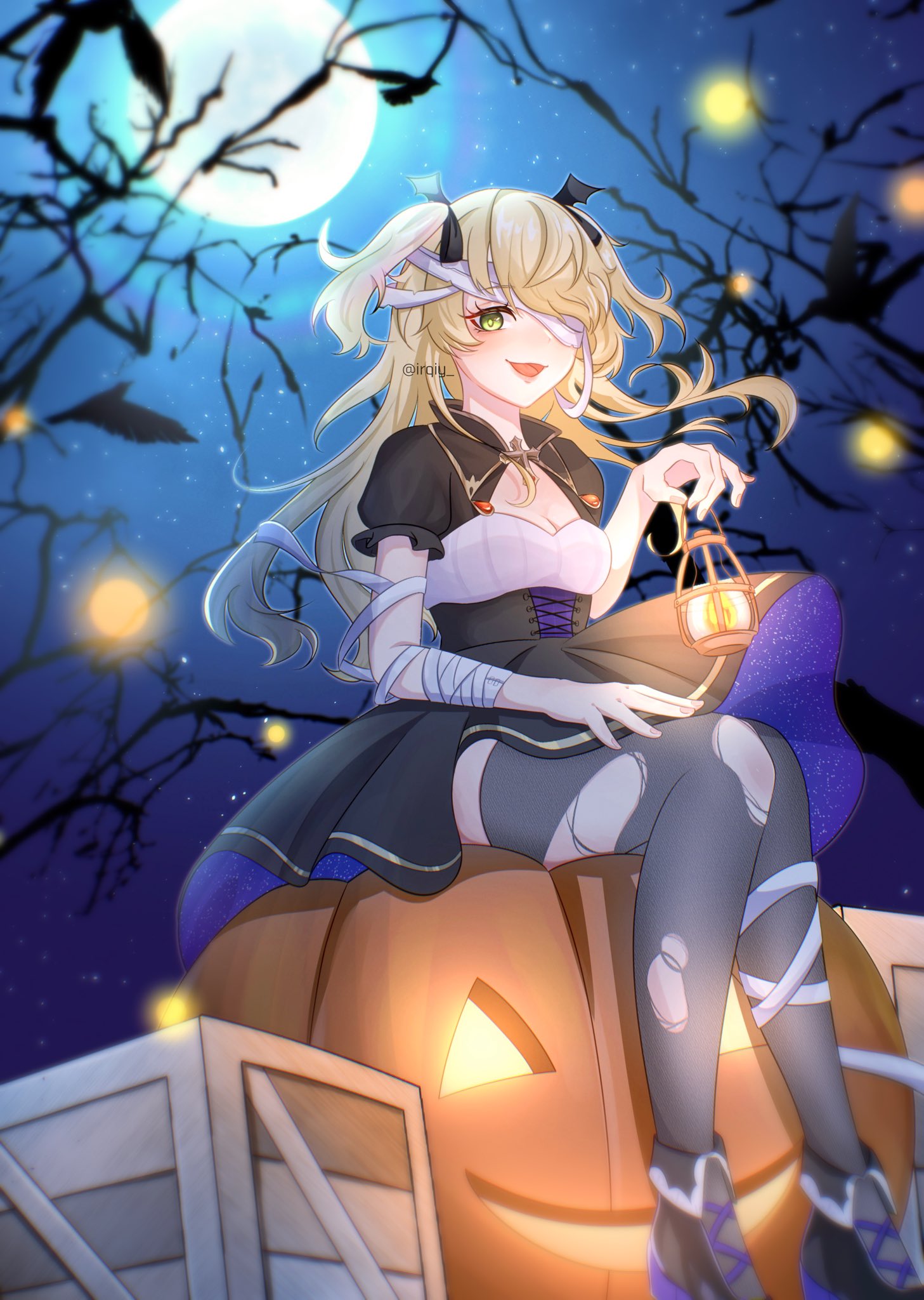 1girl bat_ornament black_footwear black_ribbon blonde_hair blush bow breasts dress eyepatch fischl_(genshin_impact) genshin_impact green_eyes hair_over_one_eye hair_ribbon halloween halloween_costume high_heels highres irqiy lamp long_hair looking_at_viewer medium_breasts night open_mouth pumpkin ribbon smile solo thigh-highs torn_clothes torn_thighhighs two_side_up