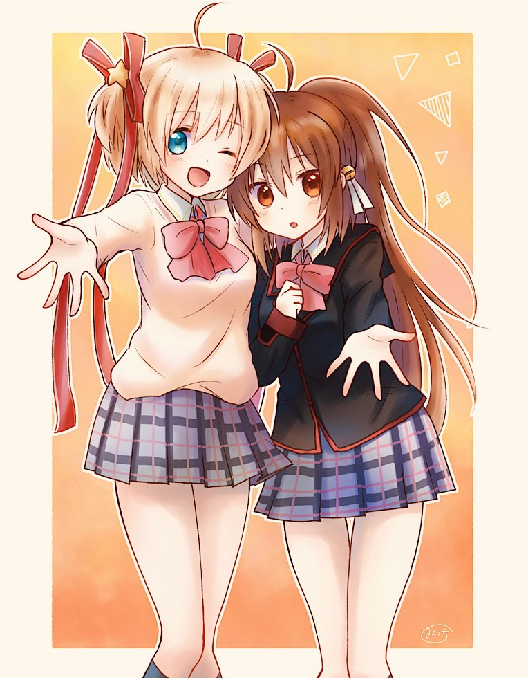 2girls ;d ahoge aqua_eyes bell black_jacket blonde_hair blush border brown_hair commentary_request cowboy_shot eyelashes eyes_visible_through_hair friends grey_skirt hair_bell hair_between_eyes hair_ornament hair_ribbon happy hug jacket jingle_bell kamikita_komari little_busters! little_busters!_school_uniform long_hair long_ribbon long_sleeves looking_at_viewer micchi_(koto_maple) miniskirt multiple_girls natsume_rin one_eye_closed open_mouth orange_background outstretched_arm plaid plaid_skirt pleated_skirt ponytail red_eyes red_ribbon ribbon school_uniform short_hair shy side-by-side sidelocks signature simple_background skirt smile standing star_(symbol) star_hair_ornament sweater two_side_up very_long_hair white_border white_ribbon yellow_sweater