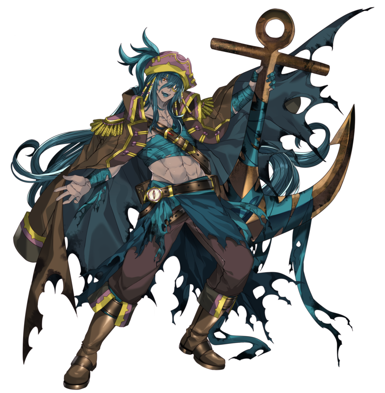 1boy :d anchor_symbol bandaged_arm bandages belt blue_hair boots brown_belt brown_coat brown_footwear chest_sarashi coat coat_on_shoulders dark-skinned_male dark_skin dhelmise epaulettes eyepatch fold-over_boots hat hat_feather katagiri_hachigou long_hair male_focus pants personification pirate_hat pokemon purple_headwear purple_pants red_eyes sarashi smile solo torn_clothes torn_coat very_long_hair