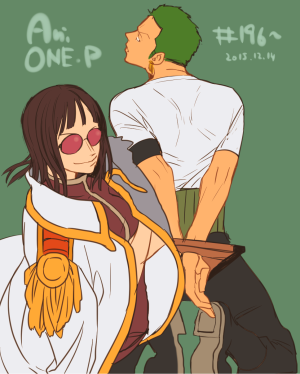 1boy 1girl aohr/atk armband arms_behind_back black_footwear black_hair black_pants blunt_bangs boots character_profile coat coat_on_shoulders crossed_arms cuffed earrings epaulettes green_background green_hair haramaki jewelry looking_at_viewer medium_hair nico_robin one_piece open_clothes open_coat pants profile purple_shirt roronoa_zoro shirt short_hair simple_background smile sunglasses v-shaped_eyebrows white_coat white_shirt