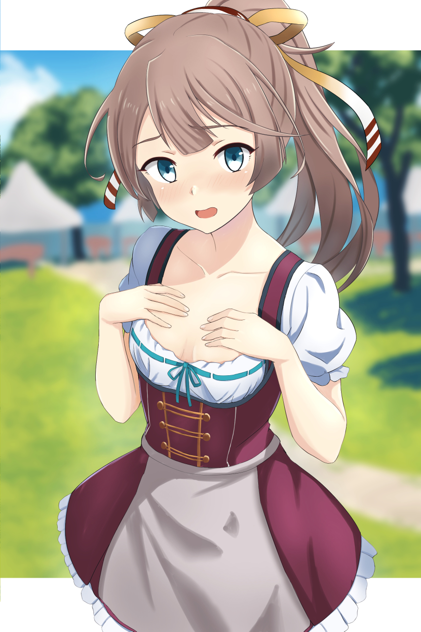 1girl alternate_costume apron blue_sky blurry blurry_background breasts brown_dress brown_hair clouds day dirndl dress german_clothes green_eyes hair_ribbon hands_on_own_chest highres kantai_collection kazagumo_(kancolle) kotou_yogen long_hair outdoors pinafore_dress ponytail puffy_short_sleeves puffy_sleeves ribbon shirt short_sleeves sky sleeveless sleeveless_dress small_breasts solo tree waist_apron white_shirt