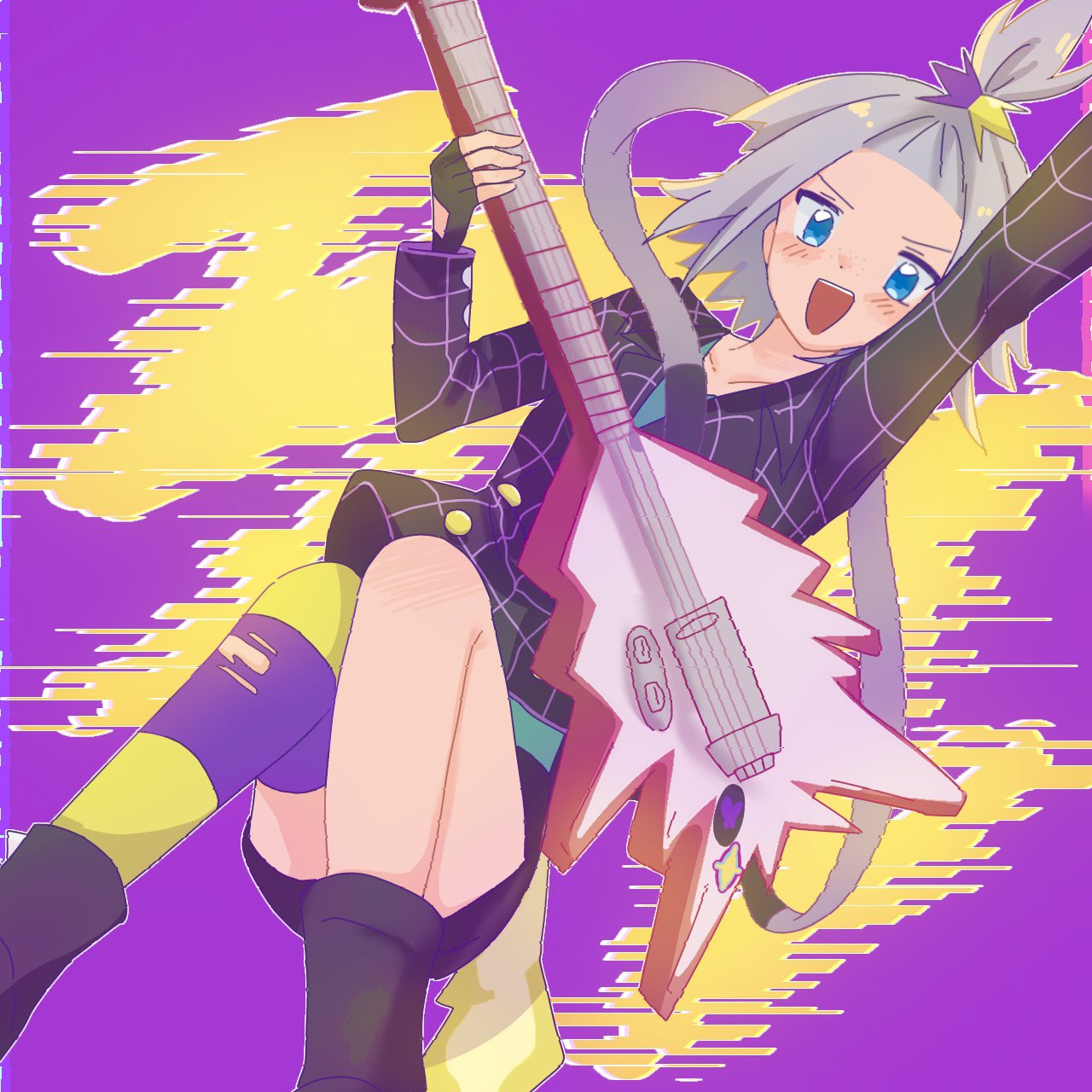 1girl blue_eyes boots collarbone fingerless_gloves gloves highres holding_guitar kuritiizu looking_at_viewer official_alternate_costume open_mouth pokemon pokemon_(game) pokemon_masters_ex purple_background roxie_(pokemon) solo topknot two-tone_background white_hair yellow_background