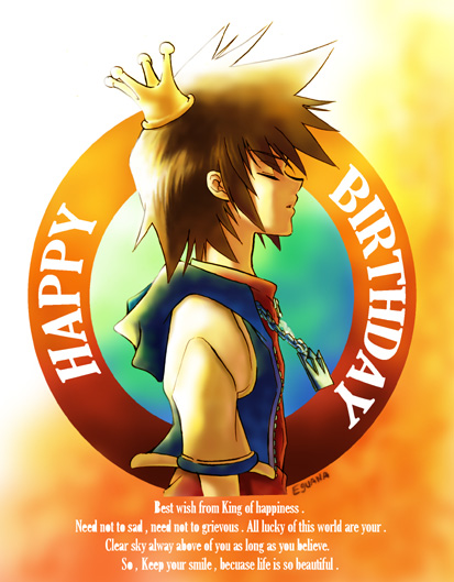 1boy blue_jacket brown_hair chain_necklace closed_eyes cropped_jacket crown eguana english_text engrish_text happy_birthday jacket jewelry kingdom_hearts kingdom_hearts_i male_focus mini_crown necklace open_clothes open_jacket ranguage red_shirt serious shirt short_hair short_sleeves solo sora_(kingdom_hearts) spiky_hair upper_body