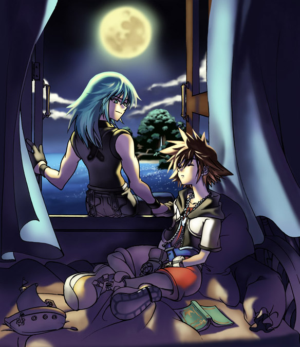 2boys bed bed_frame bedroom belt black_gloves black_jacket black_wristband blue_belt blue_eyes blue_hair boat book brown_hair chain_necklace closed_eyes clouds cloudy_sky commentary cropped_jacket eguana english_commentary facing_away full_moon gloves hood hood_down hooded_jacket island jacket jewelry jumpsuit kingdom_hearts kingdom_hearts_i looking_back male_focus medium_hair moon moonlight multiple_boys necklace night night_sky ocean on_bed open_clothes open_jacket open_window pants red_jumpsuit riku_(kingdom_hearts) sailboat shirt shoes short_hair short_jumpsuit sitting sky sleeping sleeveless sleeveless_shirt smile sora_(kingdom_hearts) toy tree watercraft white_gloves wind window window_blinds windowsill wristband yellow_footwear yellow_shirt zipper