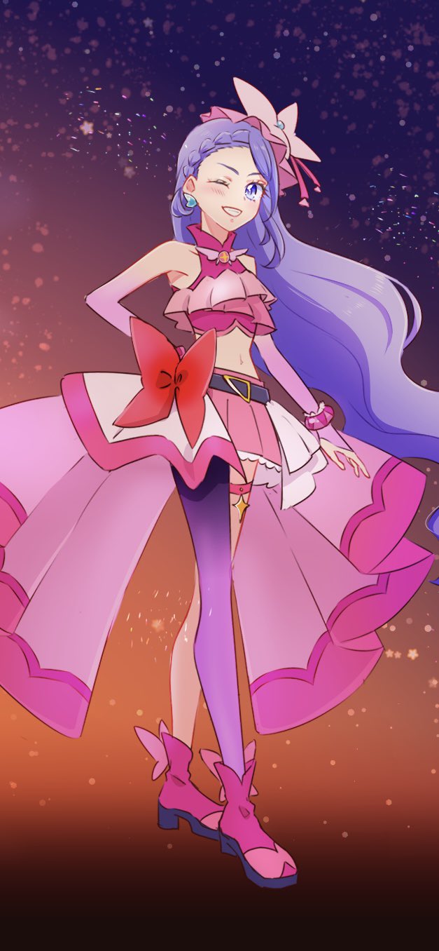 1girl aono_miki asymmetrical_clothes asymmetrical_legwear bare_shoulders blush boots bow braid commentary cosplay crossover cure_berry cure_butterfly cure_butterfly_(cosplay) earrings eyelashes fpminnie1 fresh_precure! gradient_background hair_ornament happy highres hirogaru_sky!_precure in-franchise_crossover jewelry long_hair looking_at_viewer magical_girl midriff navel one_eye_closed pantyhose pink_footwear pink_shirt pink_skirt precure purple_hair shirt single_braid single_leg_pantyhose sketch skirt smile solo standing symbol-only_commentary trait_connection violet_eyes