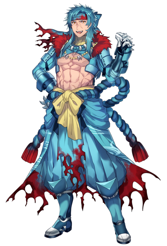 1boy :d abs bead_necklace beads blue_footwear blue_hair blue_pants feraligatr full_body hair_intakes hand_on_own_hip headband jewelry katagiri_hachigou light_blue_hair long_hair male_focus multiple_necklaces navel necklace orange_eyes pants personification pokemon puffy_pants scar scar_on_face short_hair simple_background smile solo teeth torn_clothes upper_teeth_only white_background