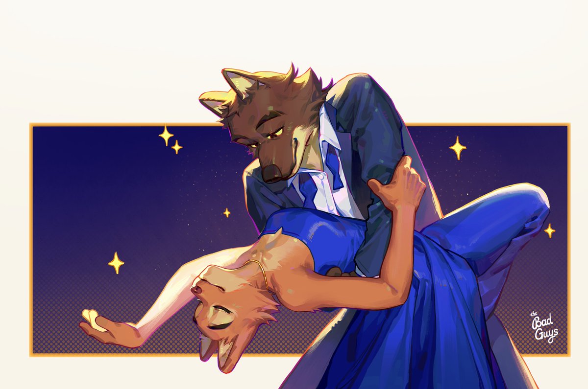 1boy 1girl animal_ears black_eyes blue_dress blue_necktie blue_suit body_fur brown_fur closed_eyes closed_mouth collared_shirt colored_sclera dancing diane_foxington dongbomu dress fox_ears furry furry_female furry_male gold_necklace jewelry looking_at_another looking_down mr._wolf multicolored_background necklace necktie orange_fur shirt sleeveless smile sparkle standing suit tango the_bad_guys_(film) undone_necktie white_shirt wolf_boy wolf_ears yellow_sclera