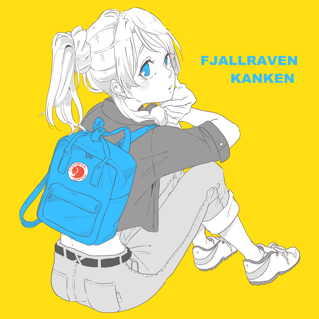 1girl alternate_hairstyle ayase_eli backpack bag belt blue_bag blue_eyes commentary_request cropped_shirt full_body greyscale_with_colored_background hand_on_own_chin kashikaze looking_at_viewer love_live! love_live!_school_idol_project medium_hair pants ponytail scrunchie simple_background sitting solo spot_color yellow_background