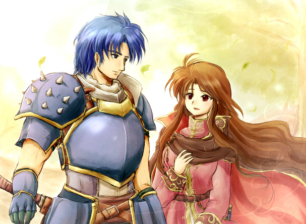 1boy 1girl armor black_cape blue_armor blue_eyes blue_hair brown_eyes brown_hair cape coat fire_emblem fire_emblem:_mystery_of_the_emblem fire_emblem:_new_mystery_of_the_emblem long_hair looking_at_another pauldrons pink_coat red-50869 red_cape samson_(fire_emblem) sheena_(fire_emblem) shoulder_armor spiked_pauldrons two-tone_cape very_long_hair