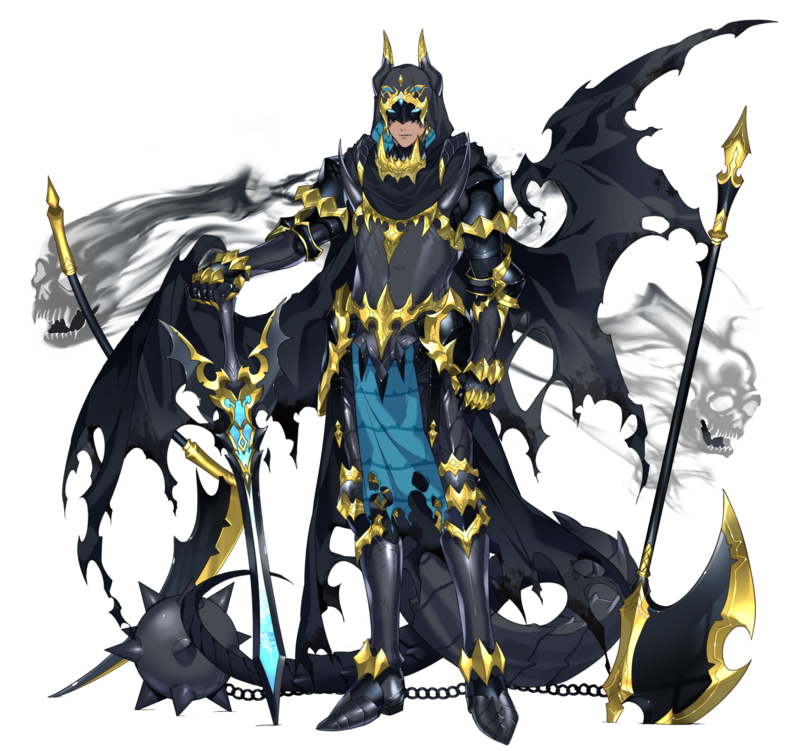 1boy armor axe ball_and_chain_(weapon) battle_axe black_armor black_horns black_tail black_wings blue_eyes dark-skinned_male dark_skin dragon_boy dragon_horns dragon_tail dragon_wings full_body gauntlets gold_trim graves guzzlord hood hood_up horns katagiri_hachigou legs_apart loincloth male_focus mask personification planted planted_axe planted_sword pokemon simple_background skull solo spiked_armor spiked_ball_and_chain spikes standing sword tail torn_clothes torn_wings waist_cape weapon white_background wings
