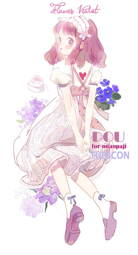 1girl :o ankle_socks apron arms_behind_back back_bow blue_bow blue_flower blush_stickers bow bow_legwear commentary dress english_commentary english_text eyelashes eyeshadow floral_background flower from_behind full_body hairband heart heart_print lace-trimmed_dress lace-trimmed_hairband lace_trim loafers lolita_hairband looking_at_viewer looking_back makeup medium_dress medium_hair open_mouth original own_hands_together pansy pink_bow pink_footwear pink_hair puffy_short_sleeves puffy_sleeves purple_flower putong_xiao_gou red_eyeshadow ribbon-trimmed_hairband shoes short_sleeves socks striped striped_dress vertical-striped_dress vertical_stripes violet_eyes watermark white_apron white_background white_dress white_hairband white_socks wisteria