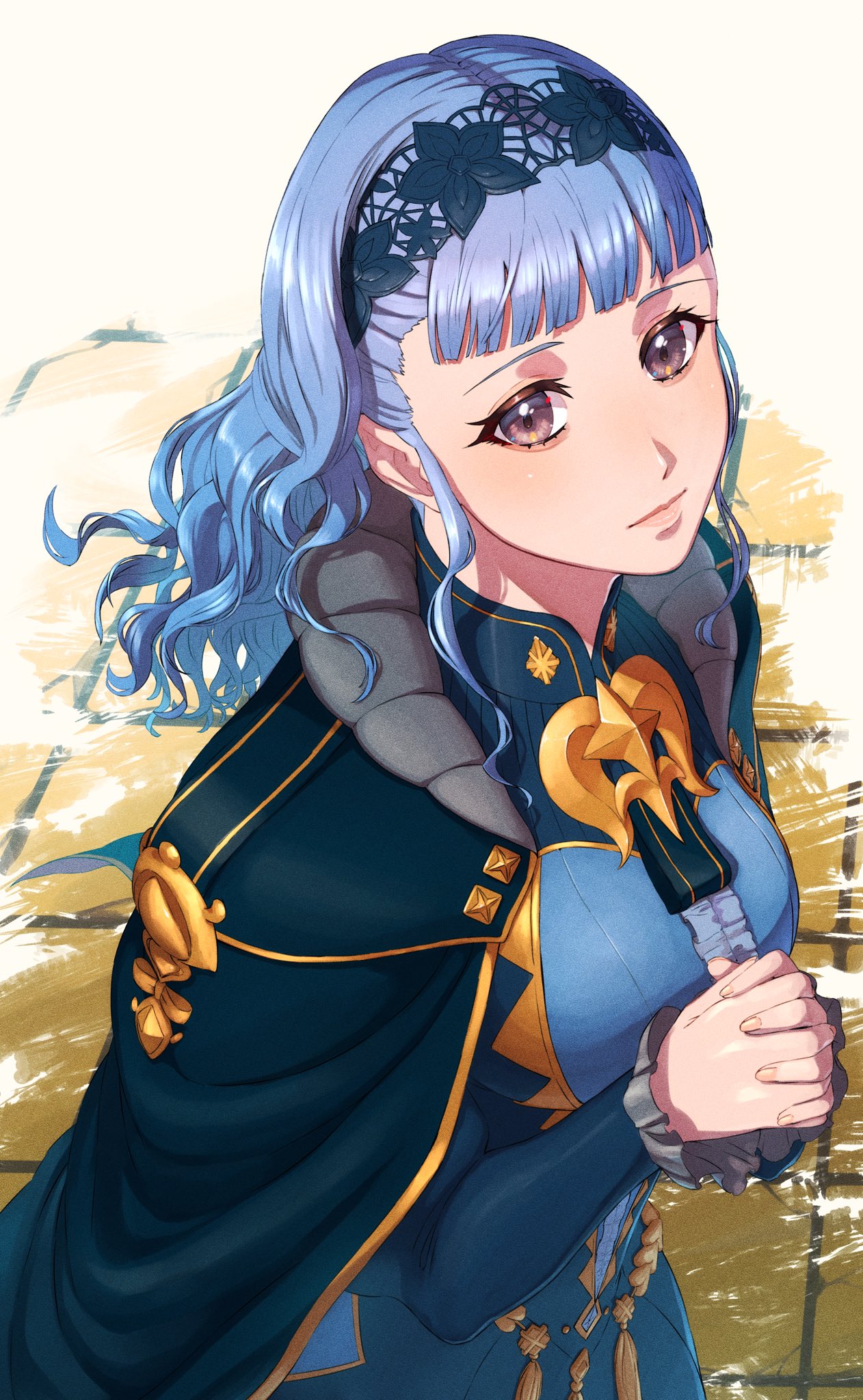 1girl aduti_momoyama blue_cape blue_dress blue_hair blue_hairband blunt_bangs brown_eyes cape center_frills closed_mouth commentary dress fingernails fire_emblem fire_emblem:_three_houses fire_emblem_warriors:_three_hopes frills gold_trim hairband highres interlocked_fingers lace-trimmed_hairband lace_trim lips long_hair long_sleeves looking_at_viewer marianne_von_edmund mixed-language_commentary official_alternate_costume official_alternate_hairstyle own_hands_together pink_lips pink_nails solo wavy_hair