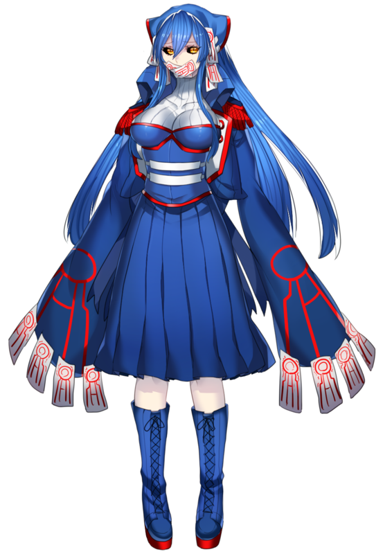 1girl black_sclera blue_dress blue_footwear blue_hair blue_headwear boots breasts colored_sclera covered_collarbone cross-laced_footwear dress full_body furrowed_brow hair_between_eyes head_scarf katagiri_hachigou kyogre lace-up_boots legs_apart long_hair medium_breasts personification pokemon simple_background sleeves_past_fingers sleeves_past_wrists solo standing talisman very_long_hair white_background yellow_eyes