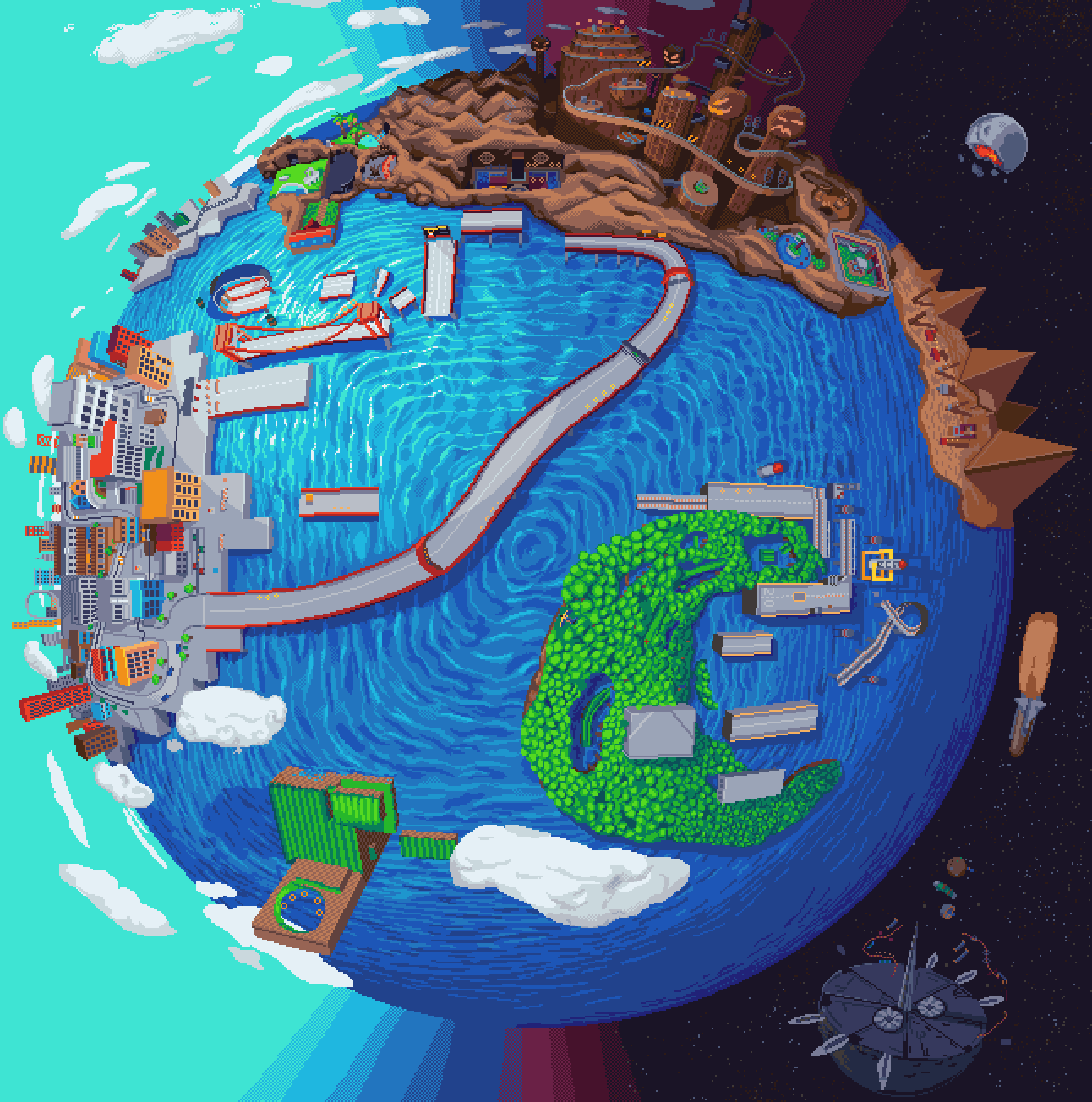 absurdres city commentary daydream_stream english_commentary globe highres mountain no_humans ocean outdoors road sky sonic_(series) sonic_adventure_2