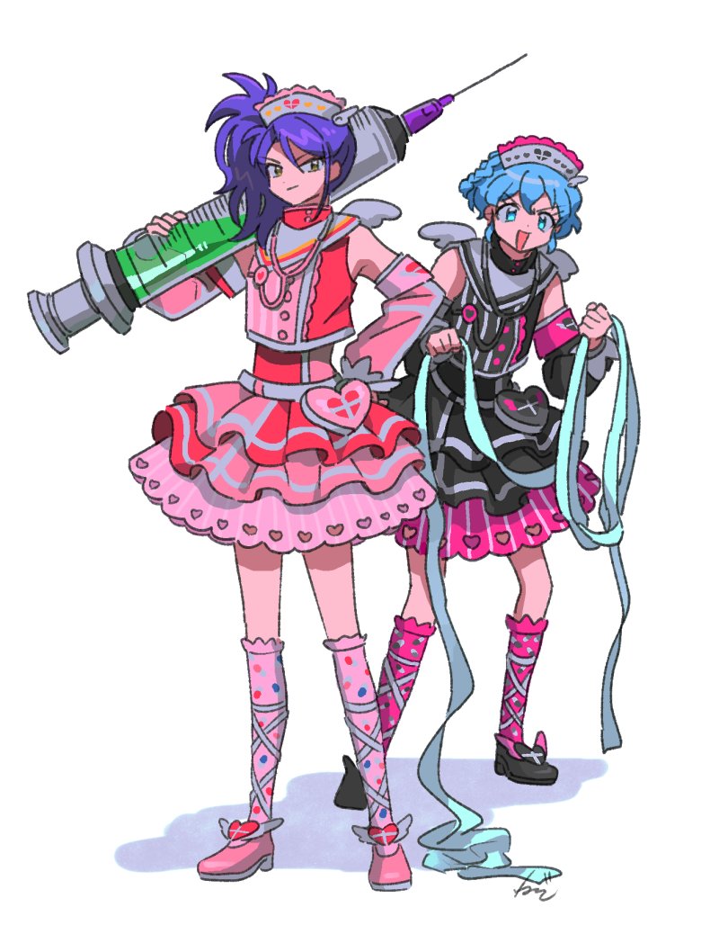 2girls :d armband bandages belt_pouch black_footwear black_shirt black_skirt blue_eyes blue_hair cropped_shirt detached_sleeves dorothy_west fake_wings frilled_skirt frills full_body hair_between_eyes hand_on_own_hip hand_up hat heart heart_print holding holding_bandages holding_syringe idol_clothes large_syringe layered_skirt long_hair looking_at_viewer multiple_girls nurse_cap open_mouth oversized_object pink_armband pink_footwear pink_shirt pink_skirt pink_socks pouch pretty_(series) pripara purple_hair rituyama1 shirt shoes short_hair side_ponytail skirt smile socks standing stethoscope syringe toudou_shion v-shaped_eyebrows white_background white_wings wings yellow_eyes