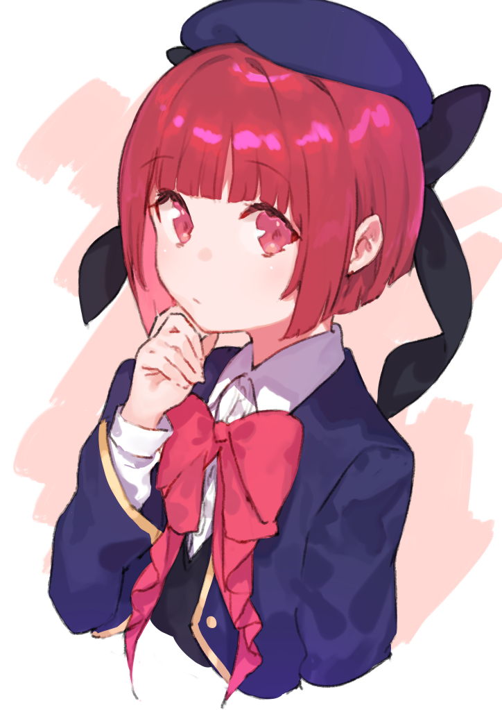 1girl arima_kana beret black_bow black_sweater_vest blue_headwear blue_jacket blunt_bangs bob_cut bow bowtie closed_mouth collared_shirt cropped_torso dress_shirt fifuth hat hat_bow jacket long_sleeves looking_at_viewer open_clothes open_jacket oshi_no_ko red_bow red_bowtie red_eyes redhead school_uniform shirt short_hair sidelocks solo sweater_vest upper_body white_background white_shirt youtou_high_school_uniform